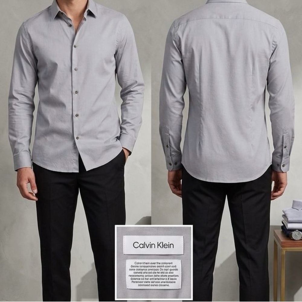 Calvin Klein Men's Light Gray Long-Sleeve Button-Down Shirt